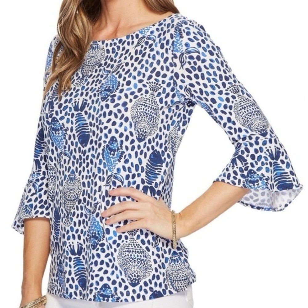 LILLY PULITZER WOMEN’S TOP SIZE SMALL BLUE WHITE PRINT 3/4 SLEEVE BLOUSE